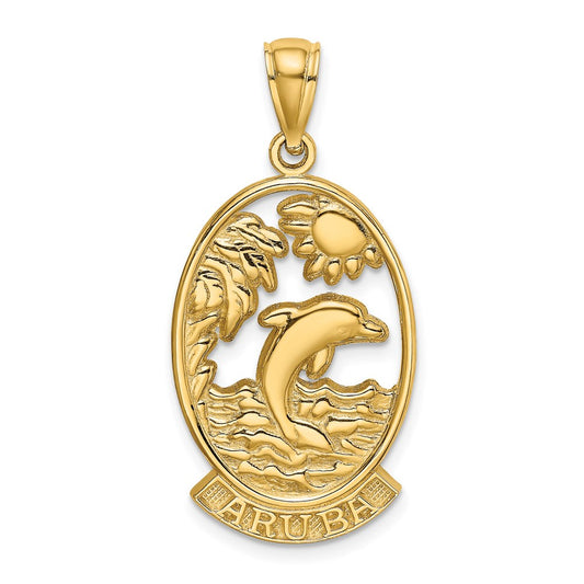 14k Yellow Gold ARUBA W/ Dolphin Sunset In Frame Charm