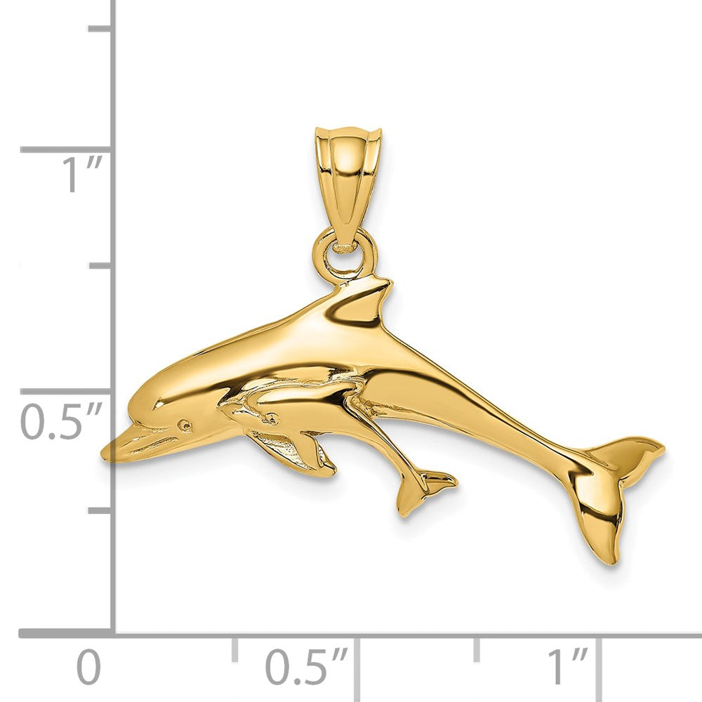 14k Yellow Gold Polished Dolphin  and Baby Charm