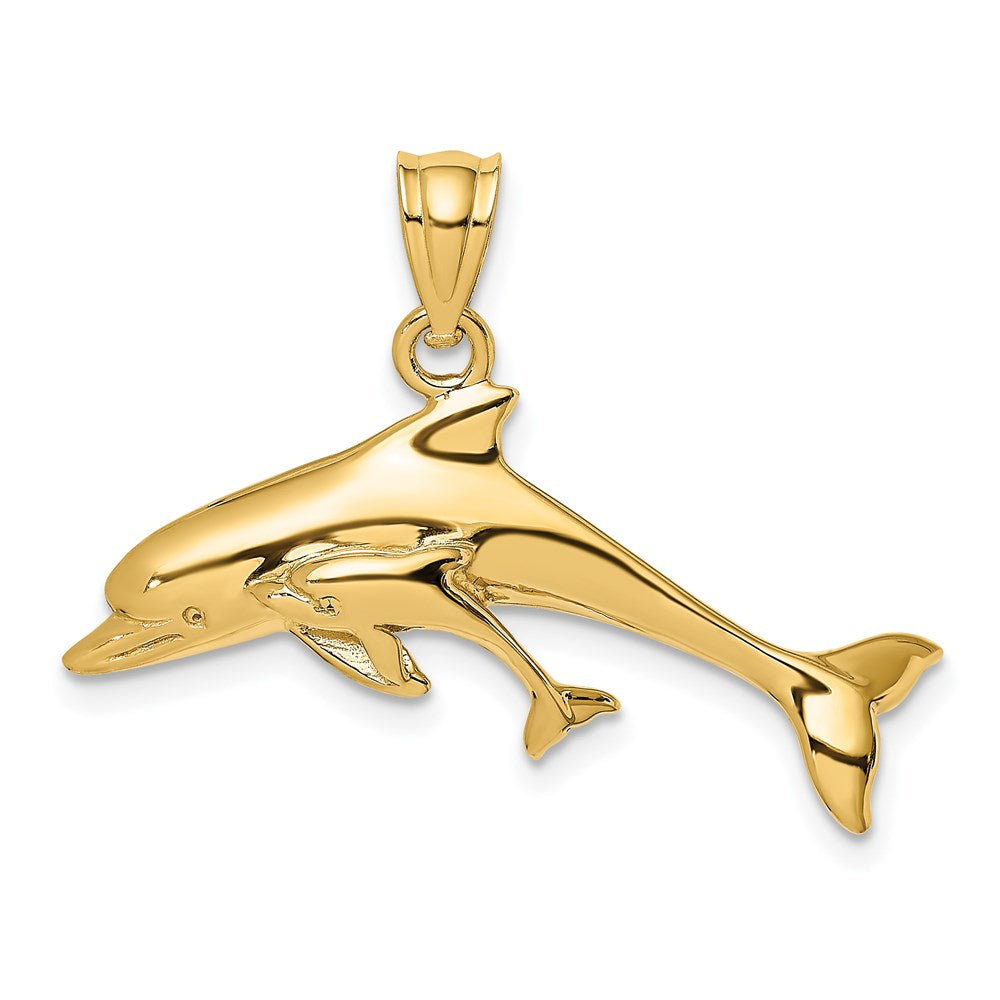 14k Yellow Gold Polished Dolphin  and Baby Charm