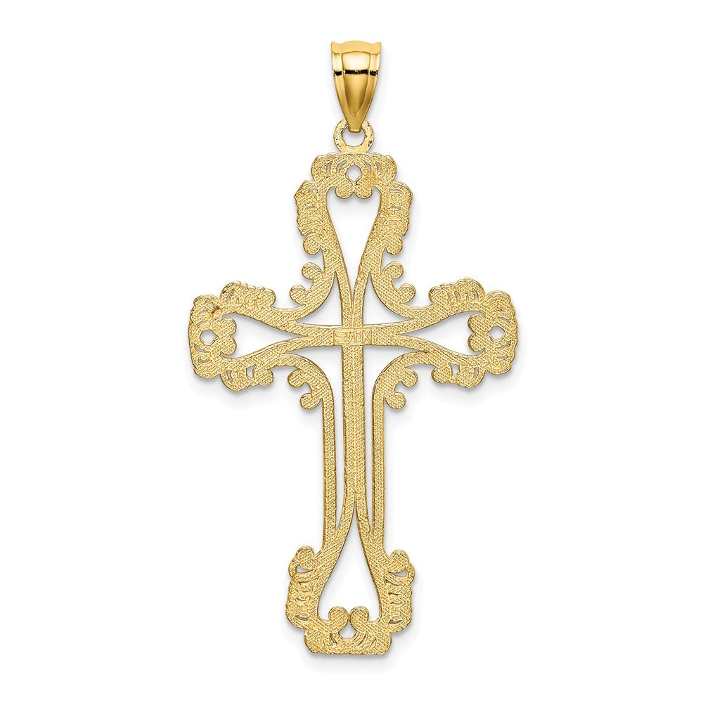 14k Yellow Gold Beaded Cut-Out Cross w/ Swirled Design Charm