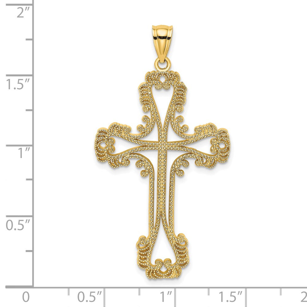 14k Yellow Gold Beaded Cut-Out Cross w/ Swirled Design Charm