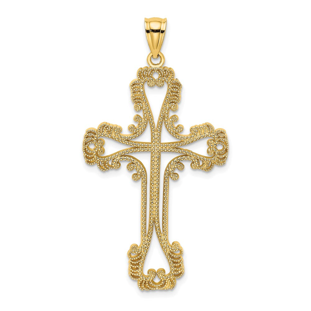 14k Yellow Gold Beaded Cut-Out Cross w/ Swirled Design Charm