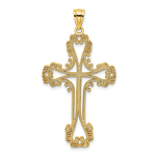 14k Yellow Gold Beaded Cut-Out Cross w/ Swirled Design Charm