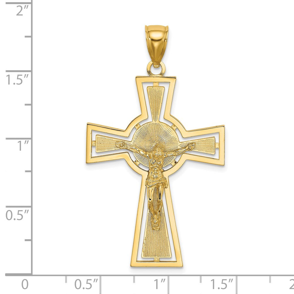 14k Yellow Gold Cut-Out Crucifix W/ Center Circle Charm