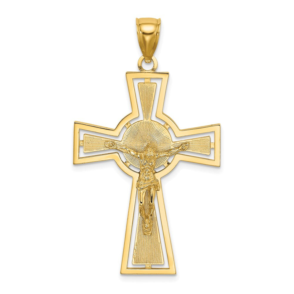 14k Yellow Gold Cut-Out Crucifix W/ Center Circle Charm