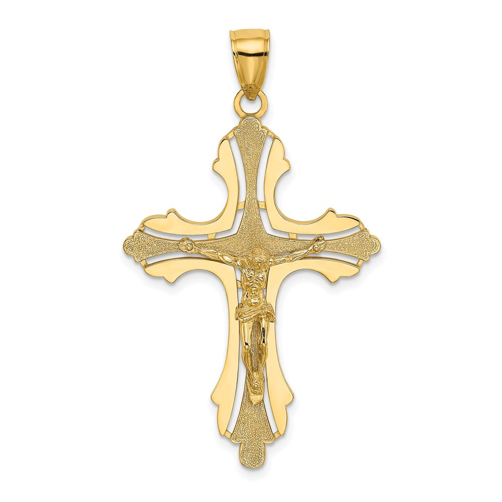 14k Yellow Gold Textured Cut-Out Crucifix W/Budded Tips Charm