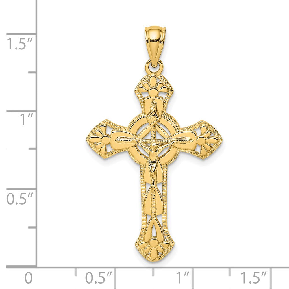 14k Yellow Gold Textured Crucifix W/ Arrow Charm