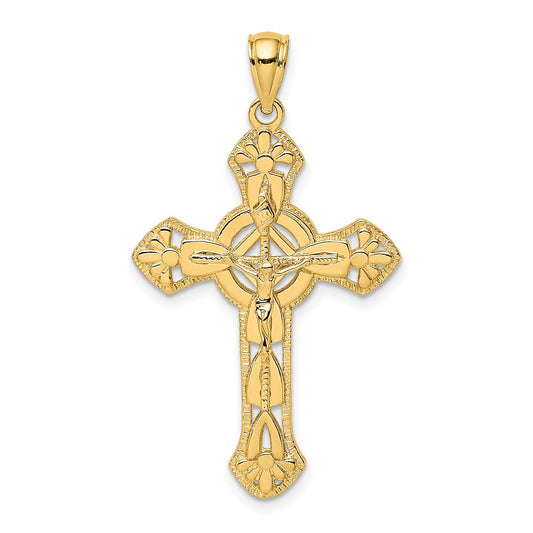 14k Yellow Gold Textured Crucifix W/ Arrow Charm