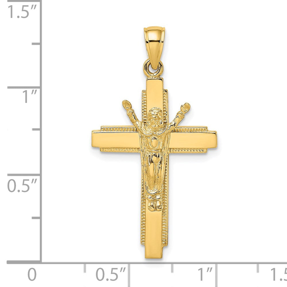 14k Yellow Gold Polished w/ Beaded Edge Crucifix Charm