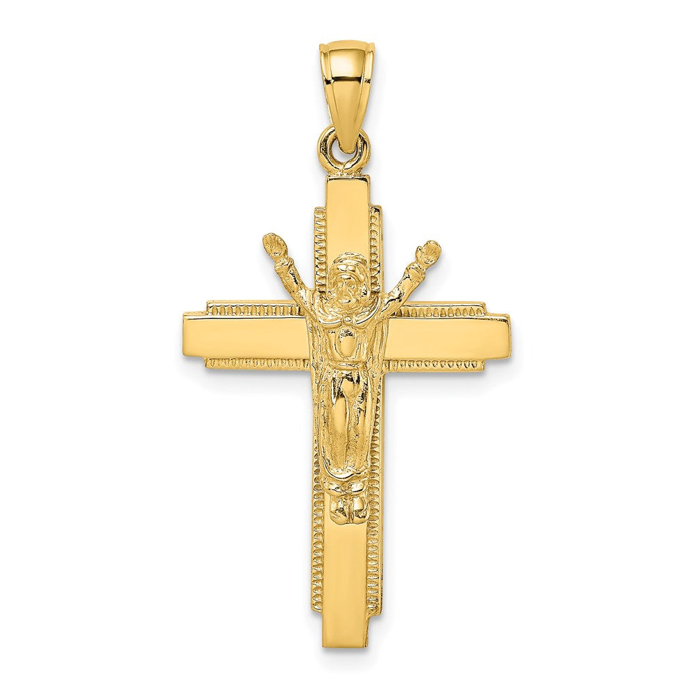 14k Yellow Gold Polished w/ Beaded Edge Crucifix Charm