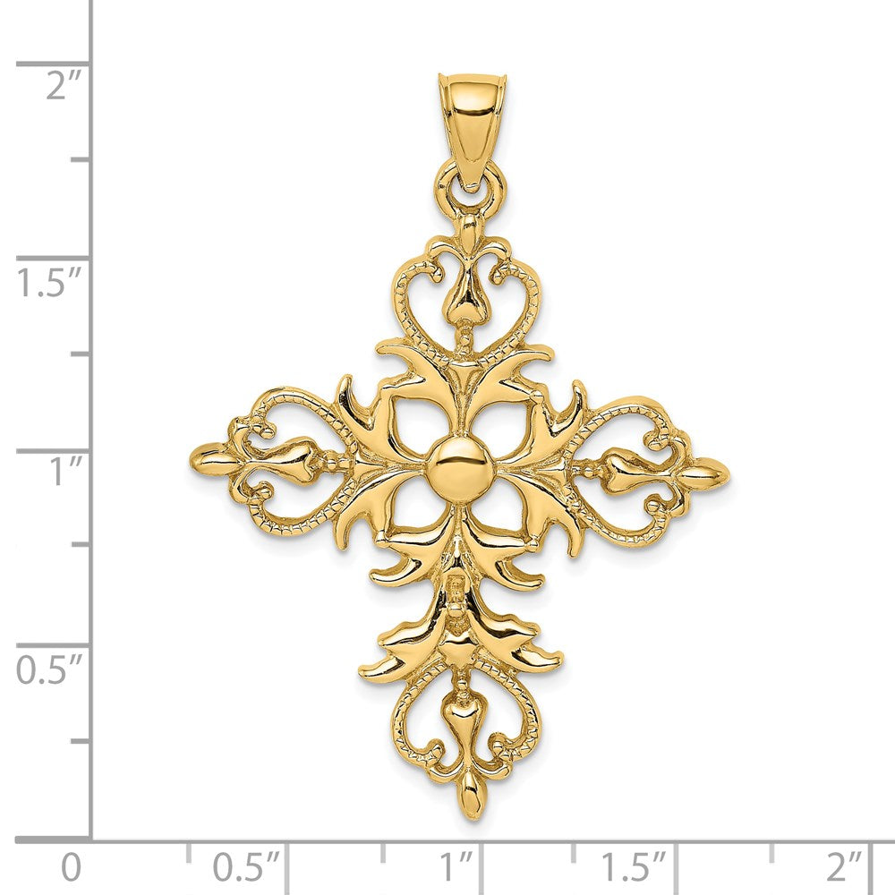 14k Yellow Gold Large Cross With Fleur-De-Lis Tips Charm