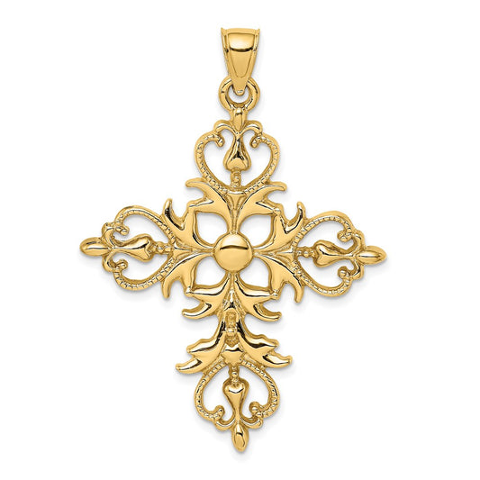 14k Yellow Gold Large Cross With Fleur-De-Lis Tips Charm