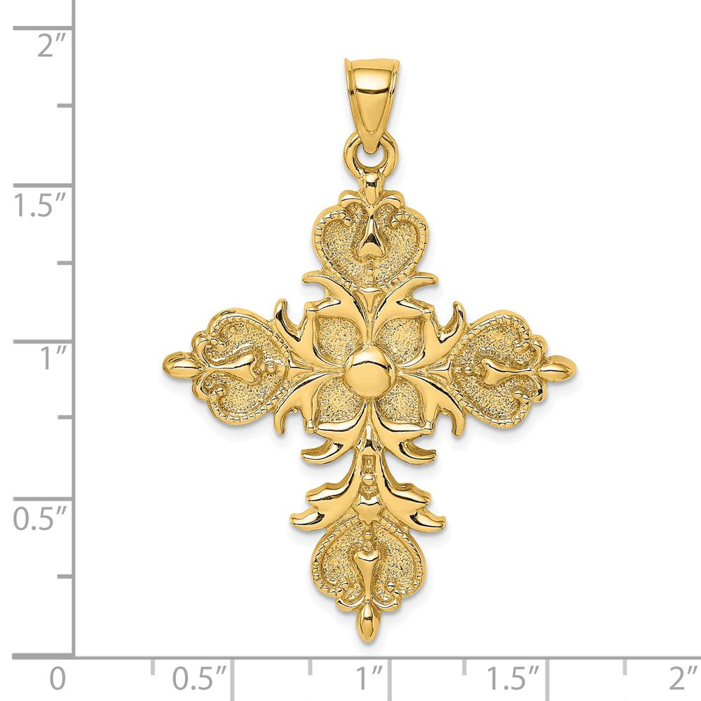 14k Yellow Gold Large Cross w/ Fleur-De-Lis Tips Solid Back Charm