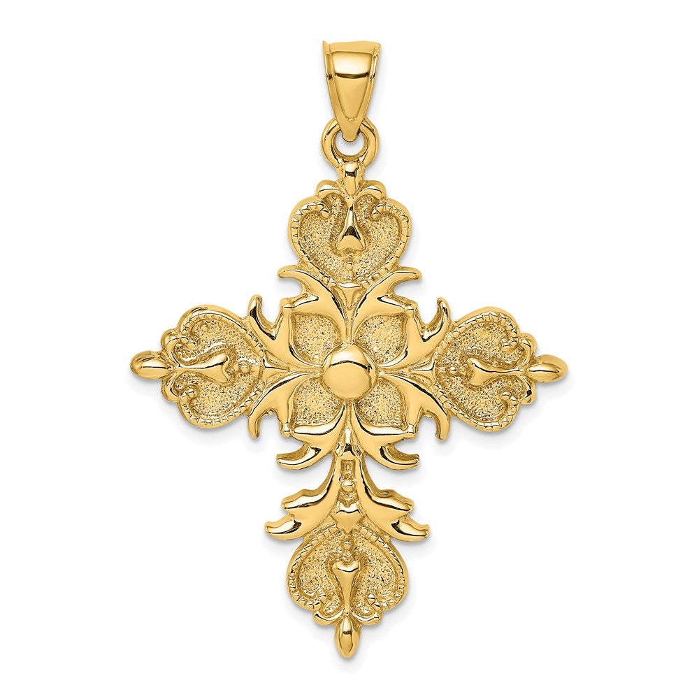 14k Yellow Gold Large Cross w/ Fleur-De-Lis Tips Solid Back Charm