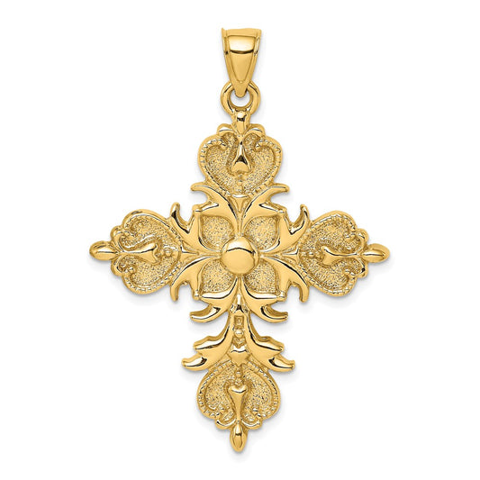 14k Yellow Gold Large Cross w/ Fleur-De-Lis Tips Solid Back Charm