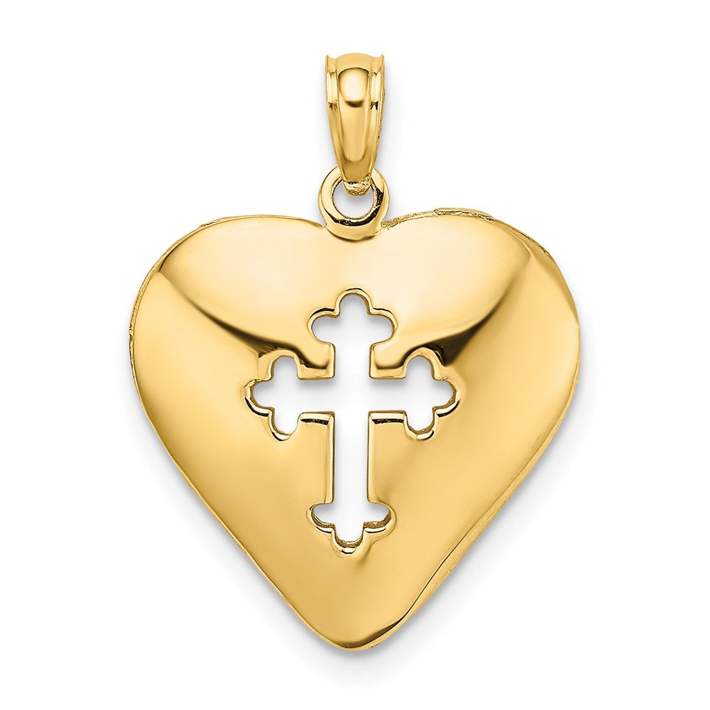 14k Yellow Gold Cut-Out W/ Lace Cross In Heart Reversible Charm