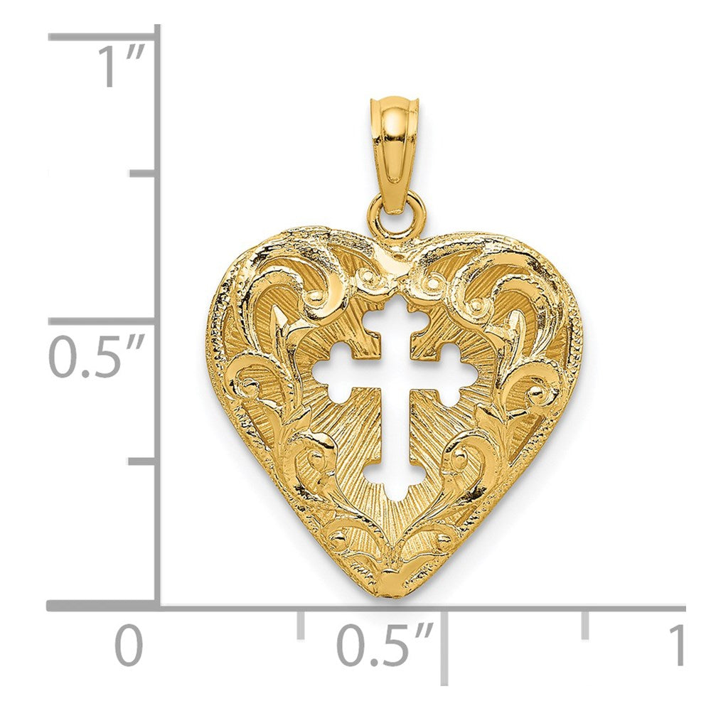 14k Yellow Gold Cut-Out W/ Lace Cross In Heart Reversible Charm