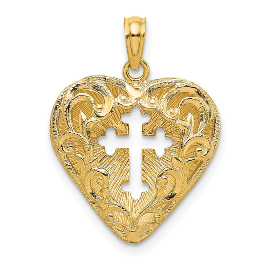 14k Yellow Gold Cut-Out W/ Lace Cross In Heart Reversible Charm