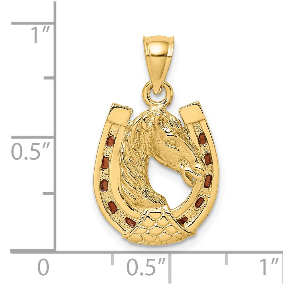 14k Yellow Gold Horse Head In Horseshoe w/ Enameled Charm