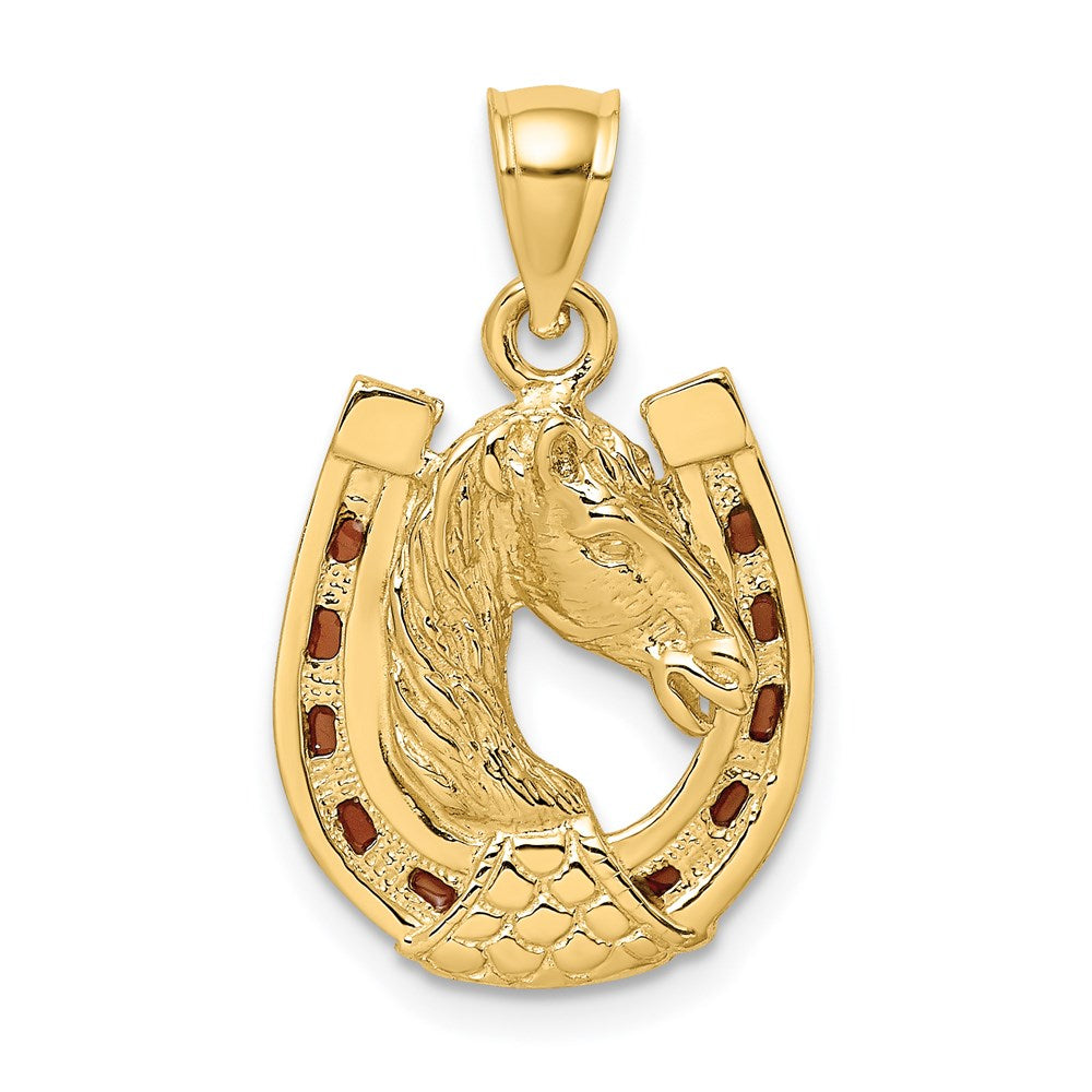 14k Yellow Gold Horse Head In Horseshoe w/ Enameled Charm