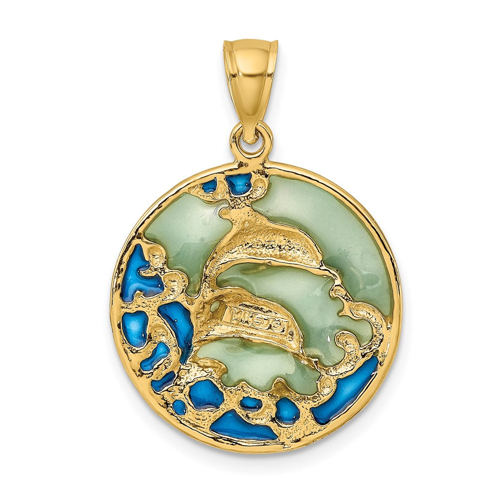 14k Yellow Gold 2-D Dolphins w/Blue Enameled Charm