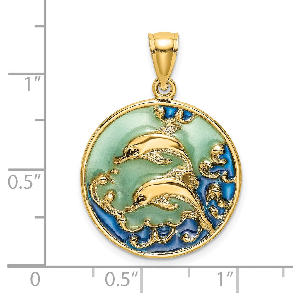 14k Yellow Gold 2-D Dolphins w/Blue Enameled Charm