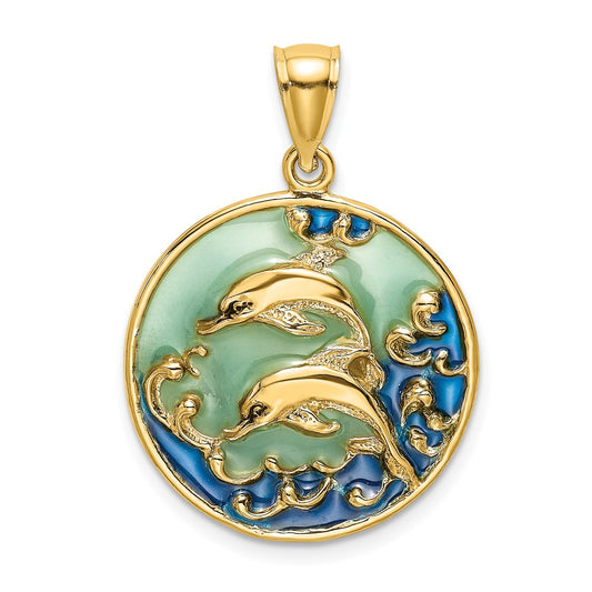 14k Yellow Gold 2-D Dolphins w/Blue Enameled Charm