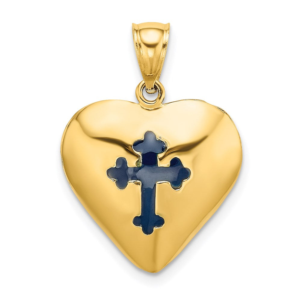 14k Yellow Gold Reversible Red and Blue Enameled Cross In Heart Charm