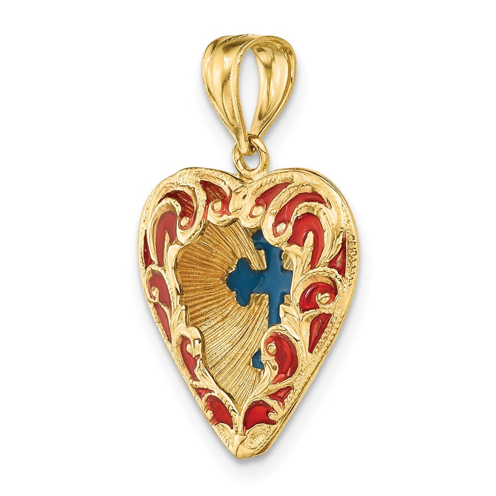 14k Yellow Gold Reversible Red and Blue Enameled Cross In Heart Charm