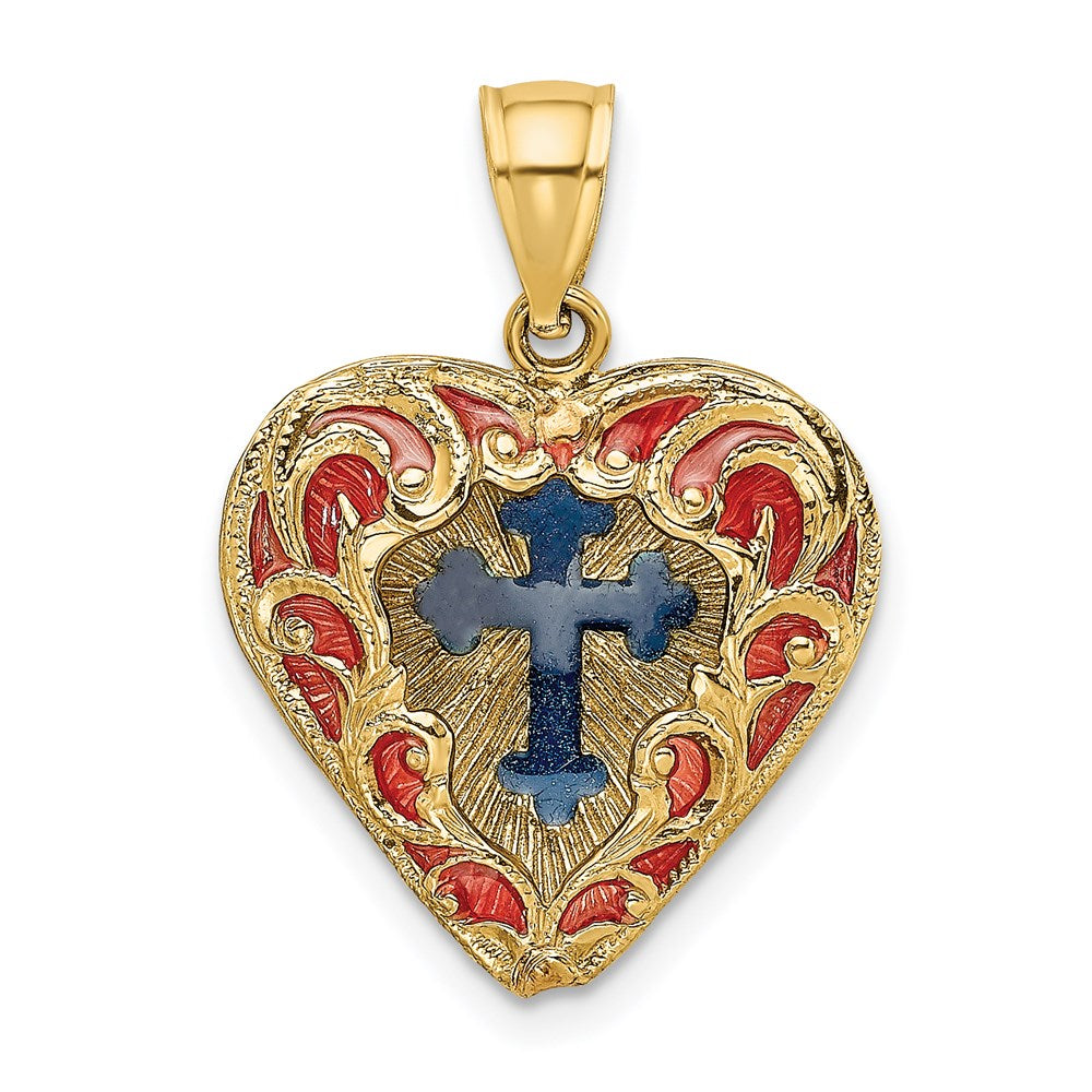 14k Yellow Gold Reversible Red and Blue Enameled Cross In Heart Charm