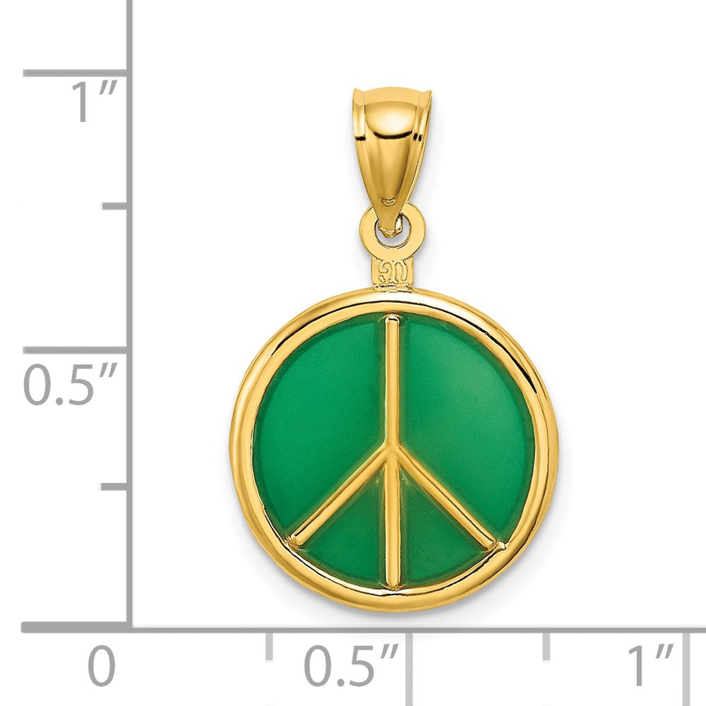 14k Yellow Gold 3-D Green Enameled Peace Symbol Charm