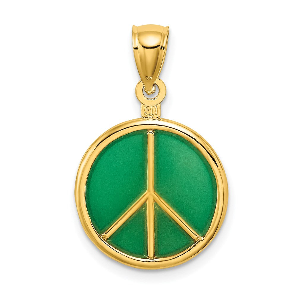 14k Yellow Gold 3-D Green Enameled Peace Symbol Charm