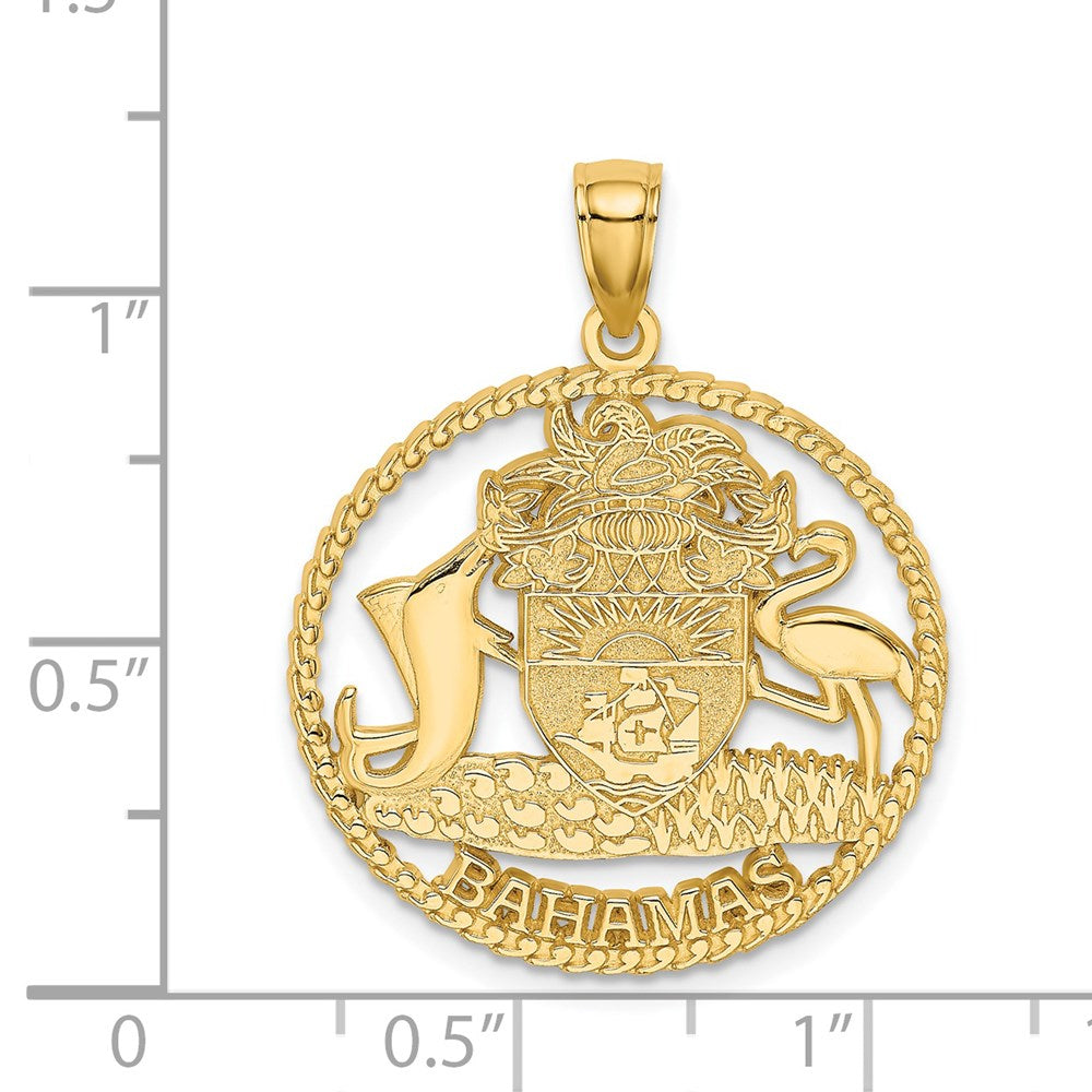 14k Yellow Gold BAHAMAS Crest In Textured Frame Charm