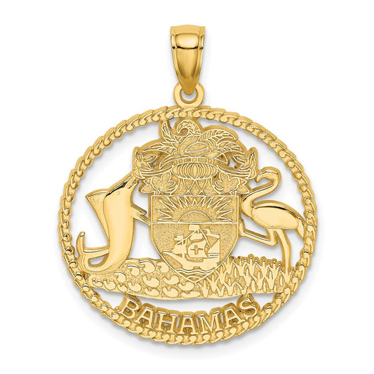 14k Yellow Gold BAHAMAS Crest In Textured Frame Charm