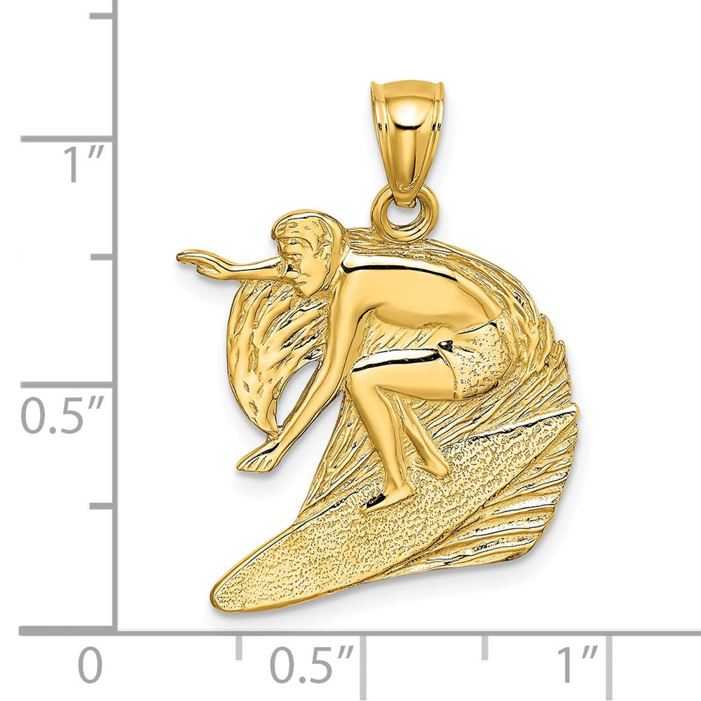 14k Yellow Gold Polished and Textured Surfer and Wave Charm