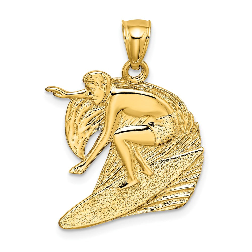 14k Yellow Gold Polished and Textured Surfer and Wave Charm