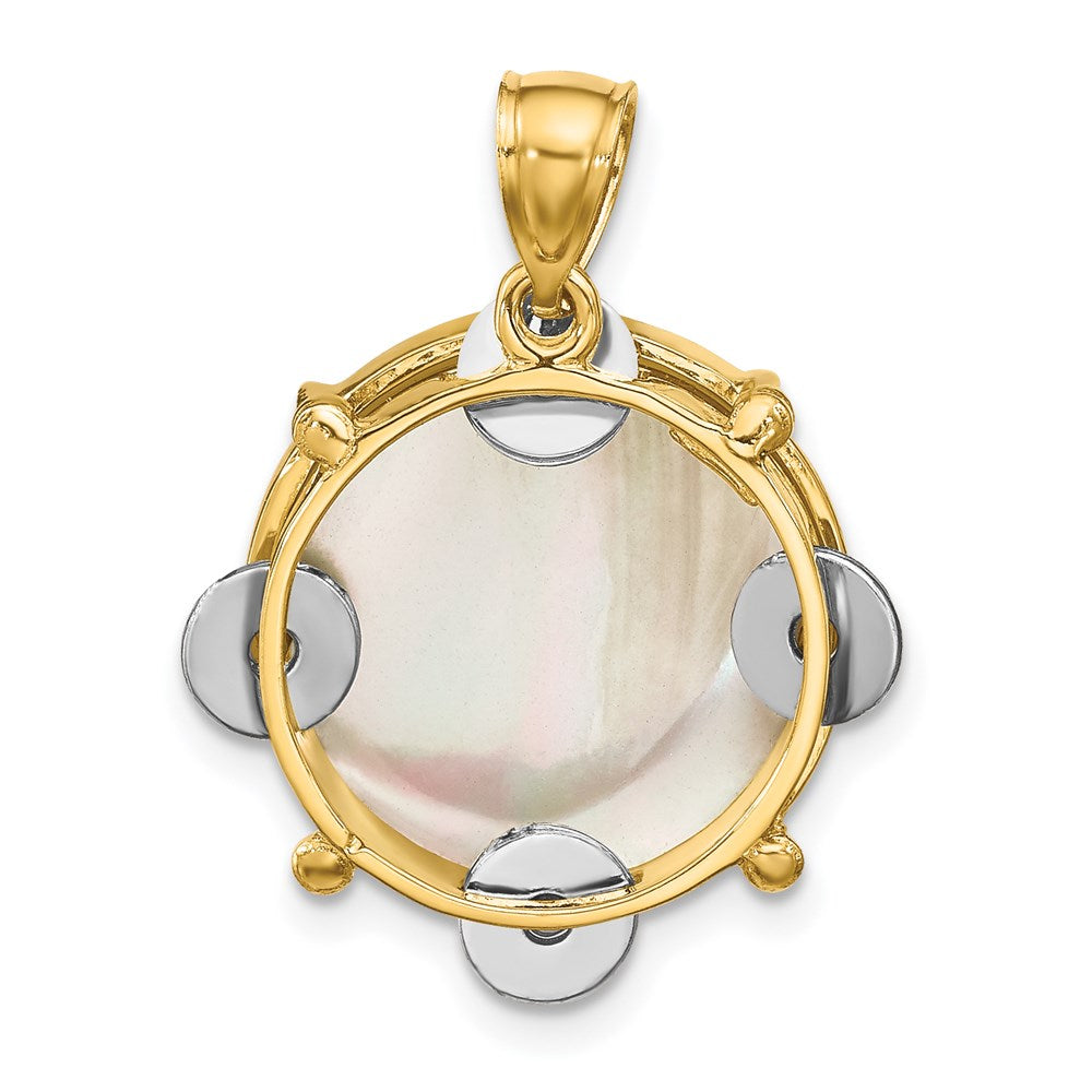 14k Two-tone Gold 3-D Moveable Tambourine w/Mother of Pearl Charm