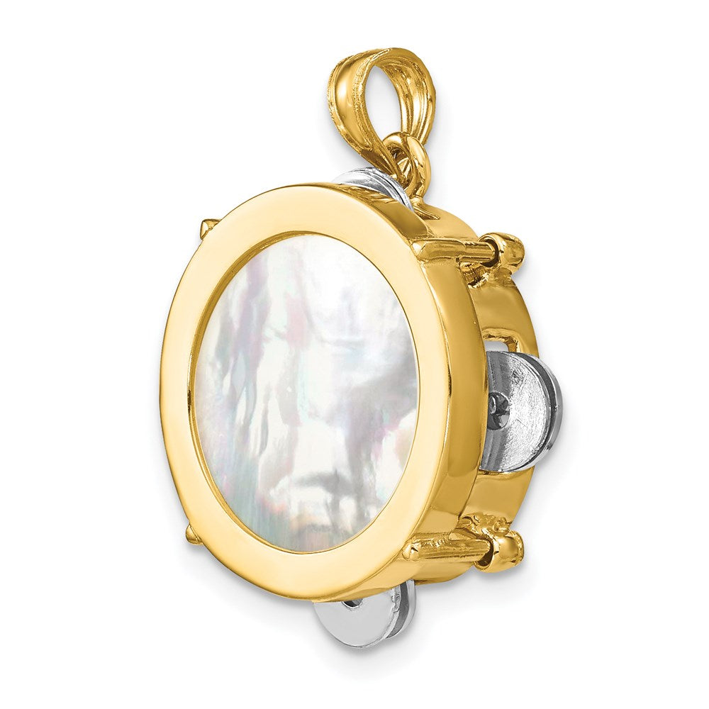 14k Two-tone Gold 3-D Moveable Tambourine w/Mother of Pearl Charm