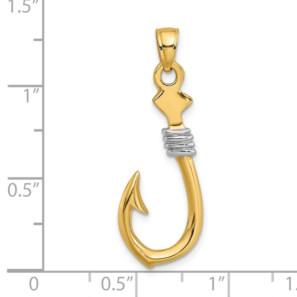 14k Yellow & Rhodium Gold w/Rhodium 3-D Fish Hook With Rope Charm