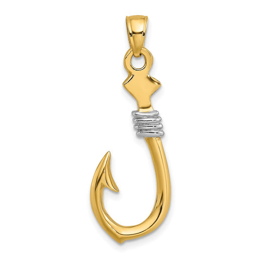 14k Yellow & Rhodium Gold w/Rhodium 3-D Fish Hook With Rope Charm