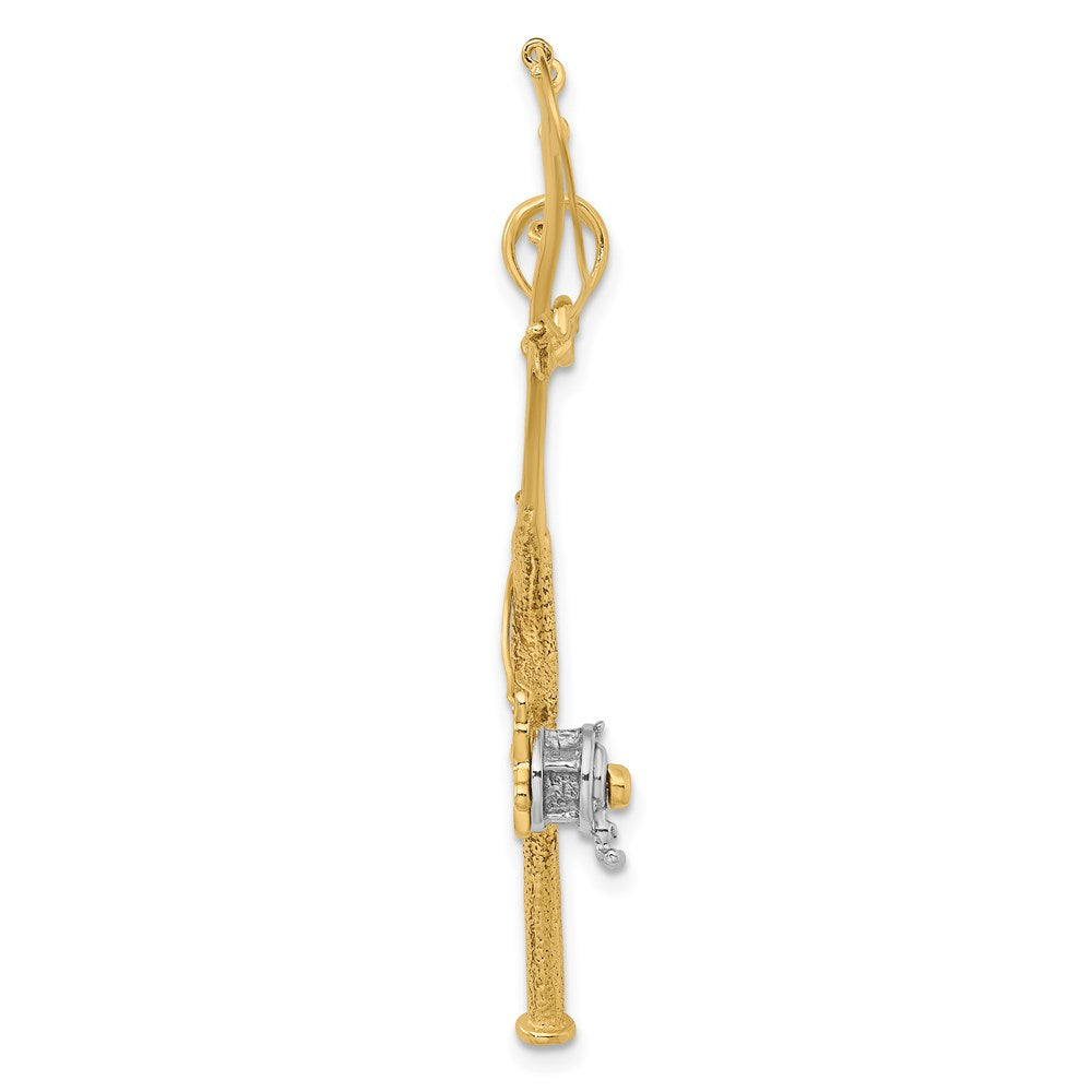 14k Yellow & Rhodium Gold w/Rhodium 3-D Moveable Fishing Pole W/ Reel Charm