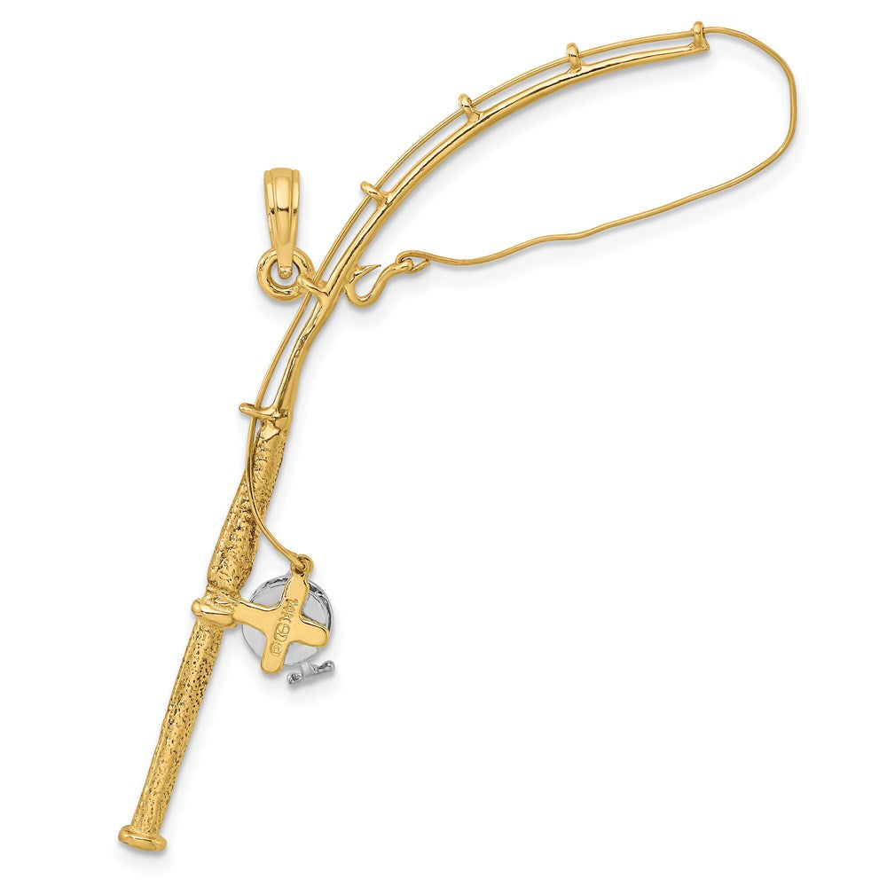 14k Yellow & Rhodium Gold w/Rhodium 3-D Moveable Fishing Pole W/ Reel Charm