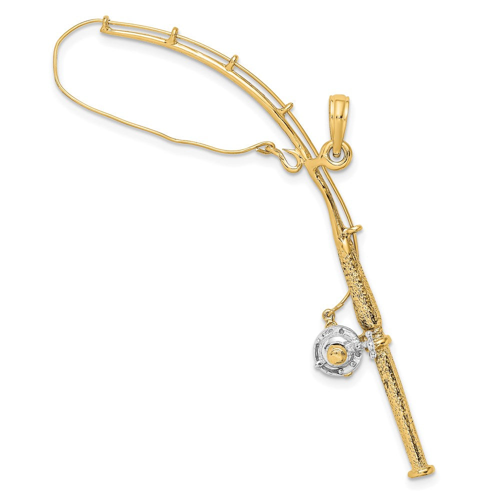 14k Yellow & Rhodium Gold w/Rhodium 3-D Moveable Fishing Pole W/ Reel Charm