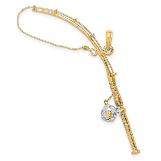 14k Yellow & Rhodium Gold w/Rhodium 3-D Moveable Fishing Pole W/ Reel Charm