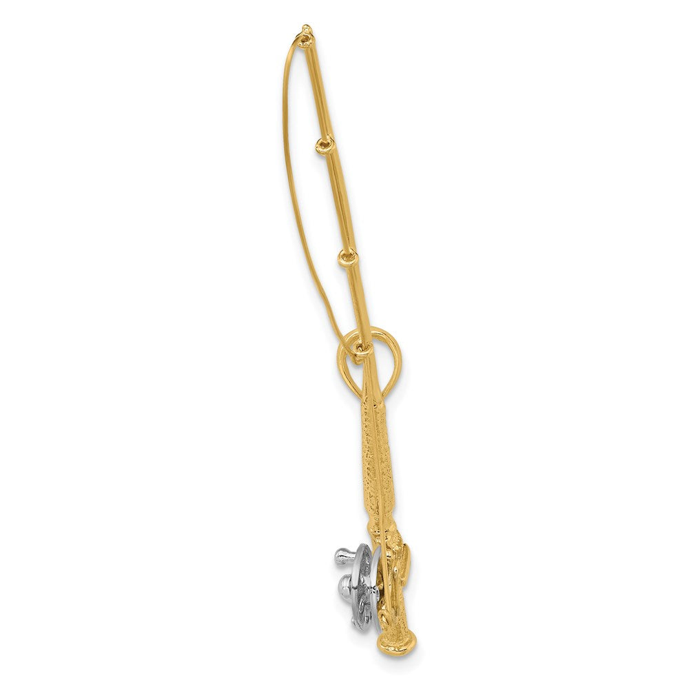 14k Yellow & Rhodium Gold w/Rhodium 3-D Fly Rod Fishing Pole Charm