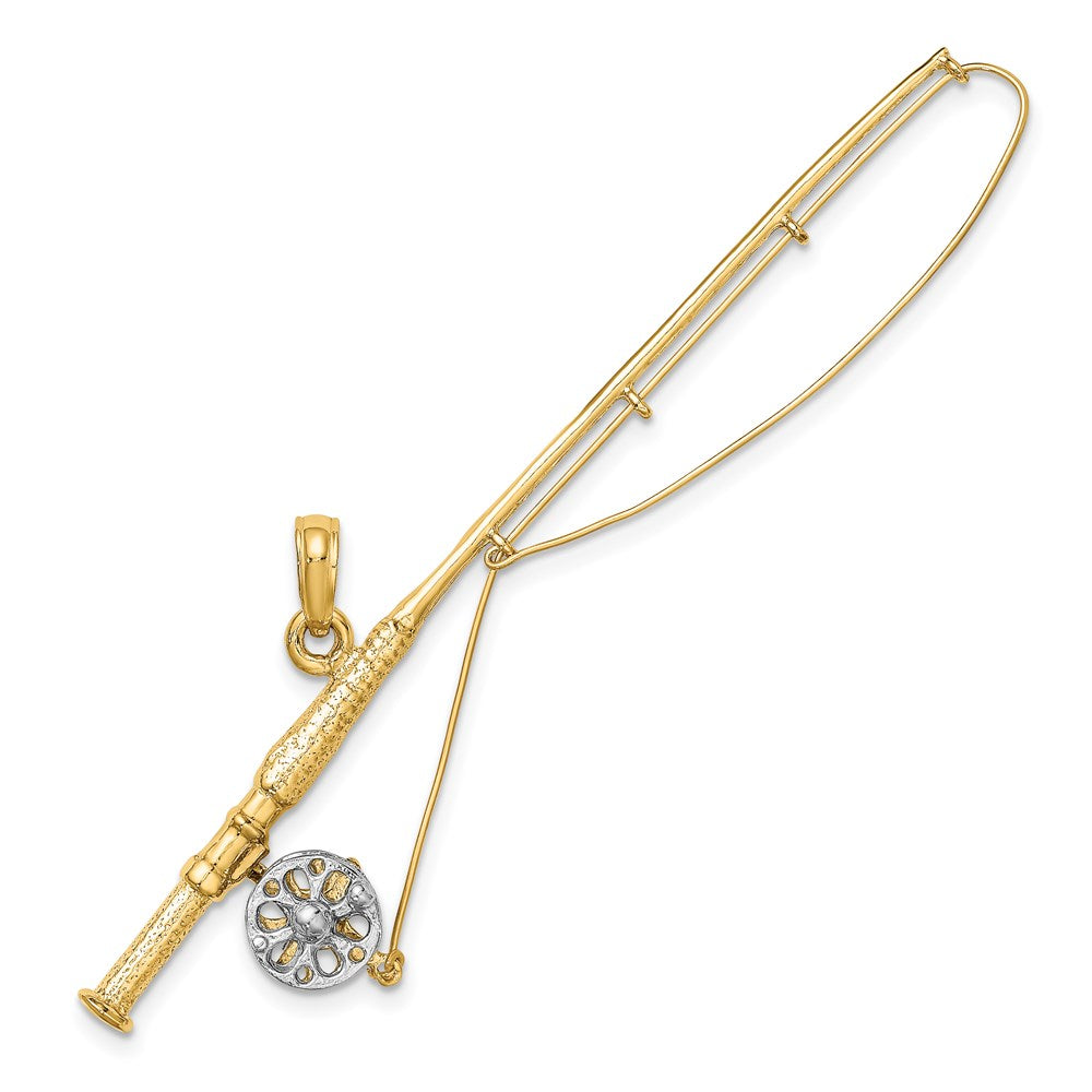 14k Yellow & Rhodium Gold w/Rhodium 3-D Fly Rod Fishing Pole Charm