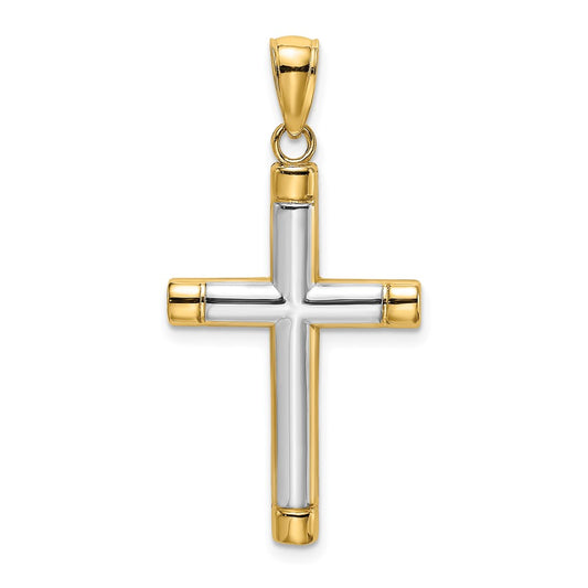 14k Yellow & Rhodium Gold W/ Rhodium Polished Tubular Cross Charm