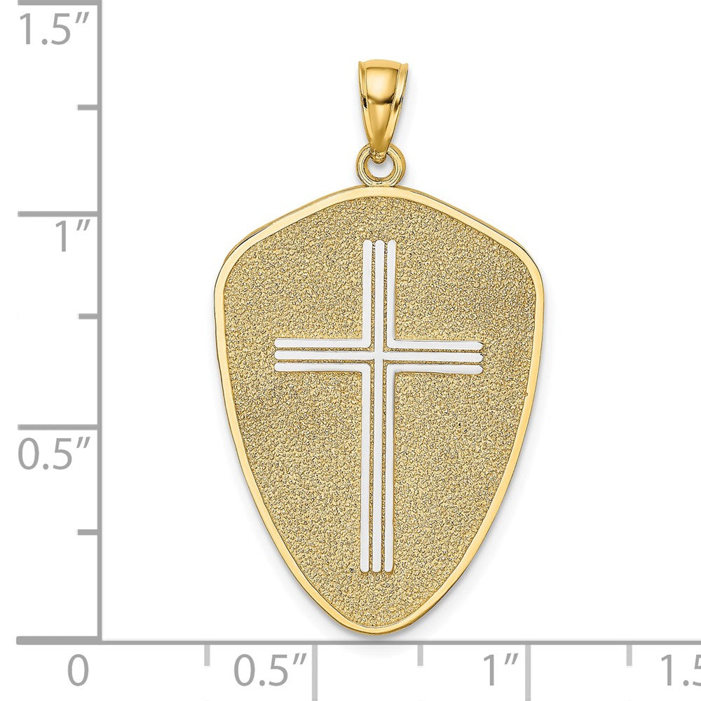 14k Yellow & Rhodium Gold w/Rhodium Cross Shield W/ Joshua 1:9 On Reverse Charm