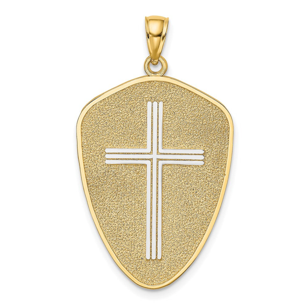 14k Yellow & Rhodium Gold w/Rhodium Cross Shield W/ Joshua 1:9 On Reverse Charm