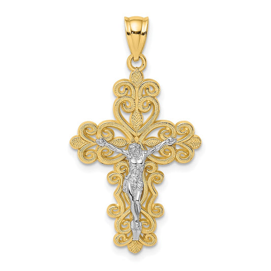 14k Two-tone Gold W/ Rhodium Filigree Crucifix Charm